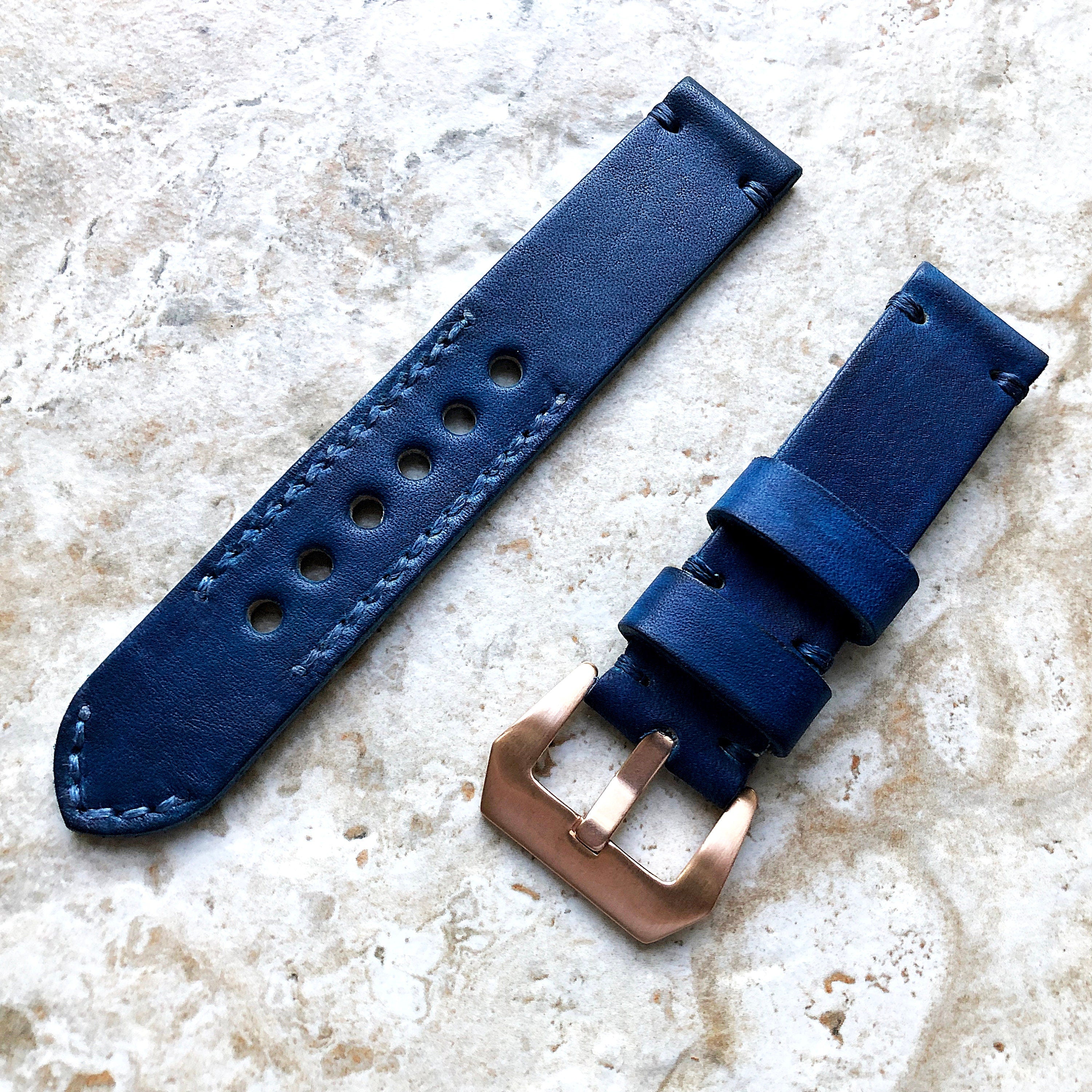 22mm Blue Leather Handmade Watch Band Strap Compatible with Apple Watch Ultra 2 9 8 7 SE 6 5 4 3 2 1 Series Fitbit Versa 2 3 4 Sense 2 Ionic